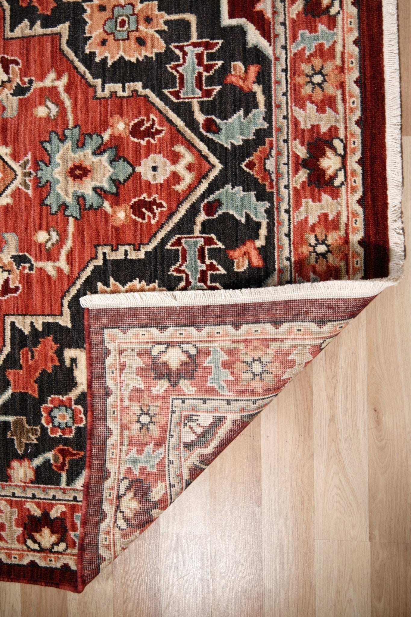 Luxury wool rug corner close-up with red, cream, navy motifs and fringed edge | Kashan Luxury Wool Rug 4929 X Modern Abstract Living Room Rug - Rugs Point Australia