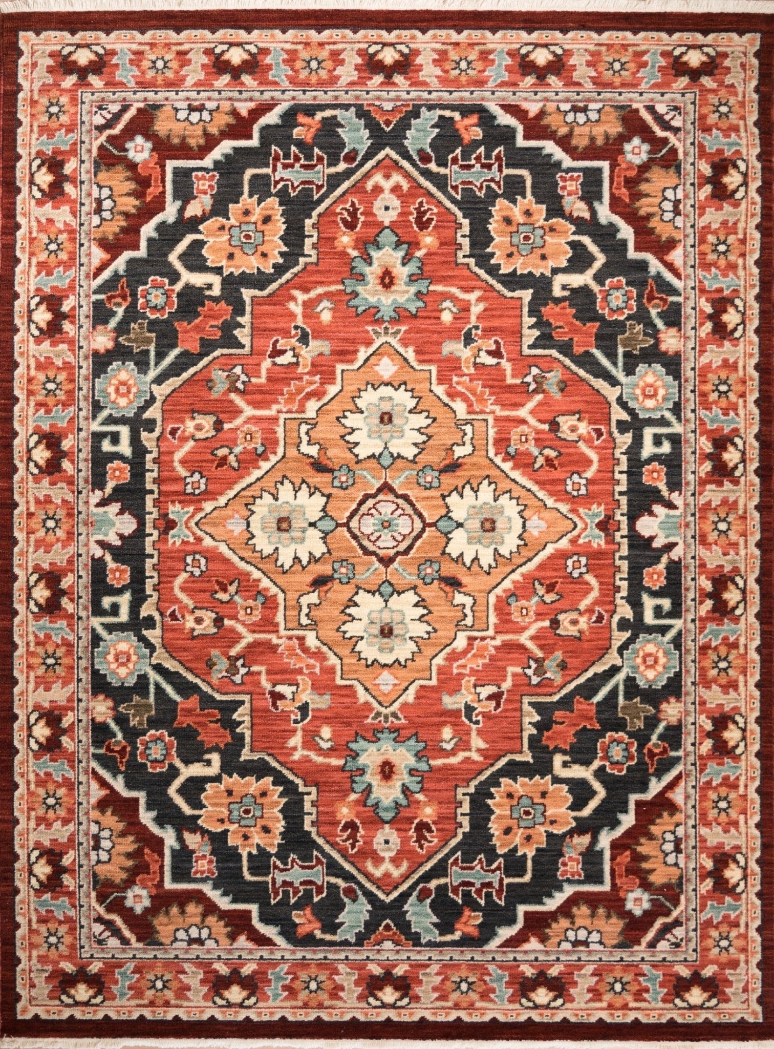 Luxury wool rug with red and navy floral geometric medallion pattern, square border | Kashan Luxury Wool Rug 4929 X Modern Abstract Living Room Rug - Rugs Point Australia