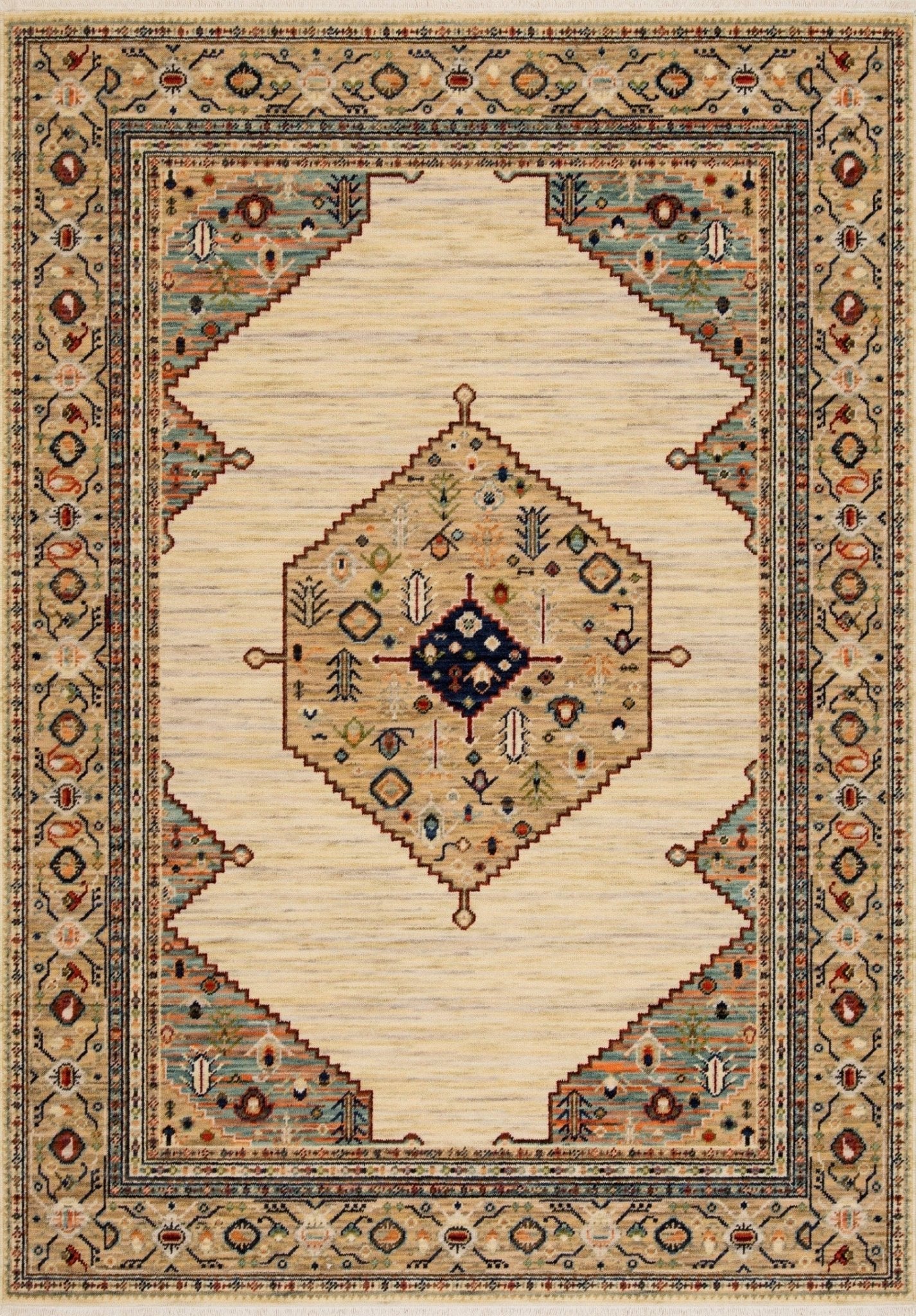 Vibrant Kashan-style area rug with beige center and multicolor geometric border | Kashan Vibrant colour rug  W Modern Abstract Polypropylene Area Rug - Rugs Point Australia