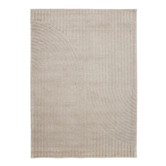 Beige modern textured area rug with curved stripe pattern