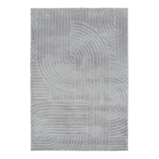Light grey rug with raised swirling lines and subtle stitched texture