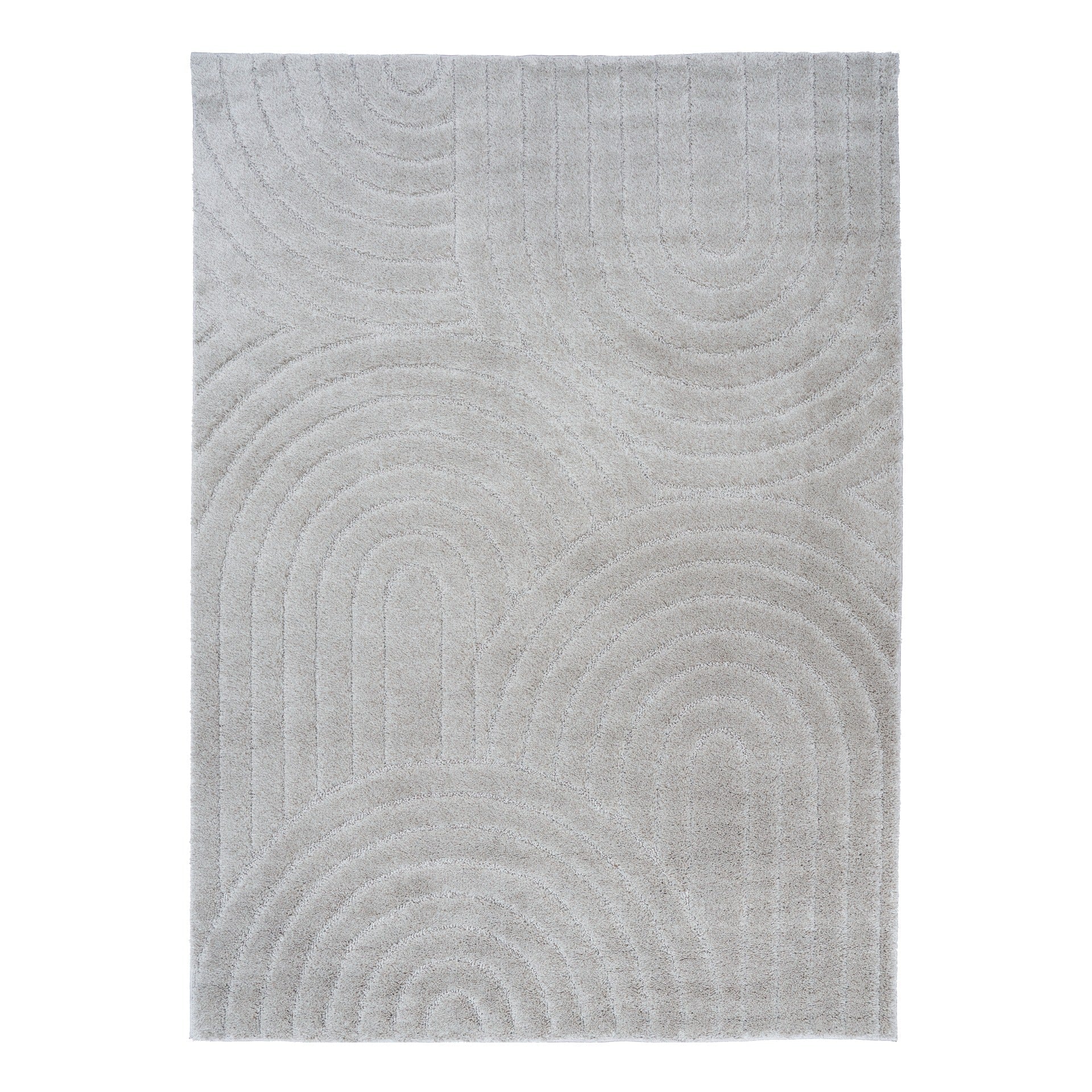 Light grey shag rug with raised circular and wave pattern, close-up
