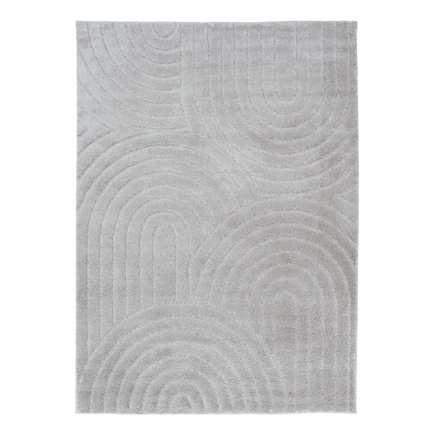 Light grey shag rug with layered wave and circle pattern, straight-on view