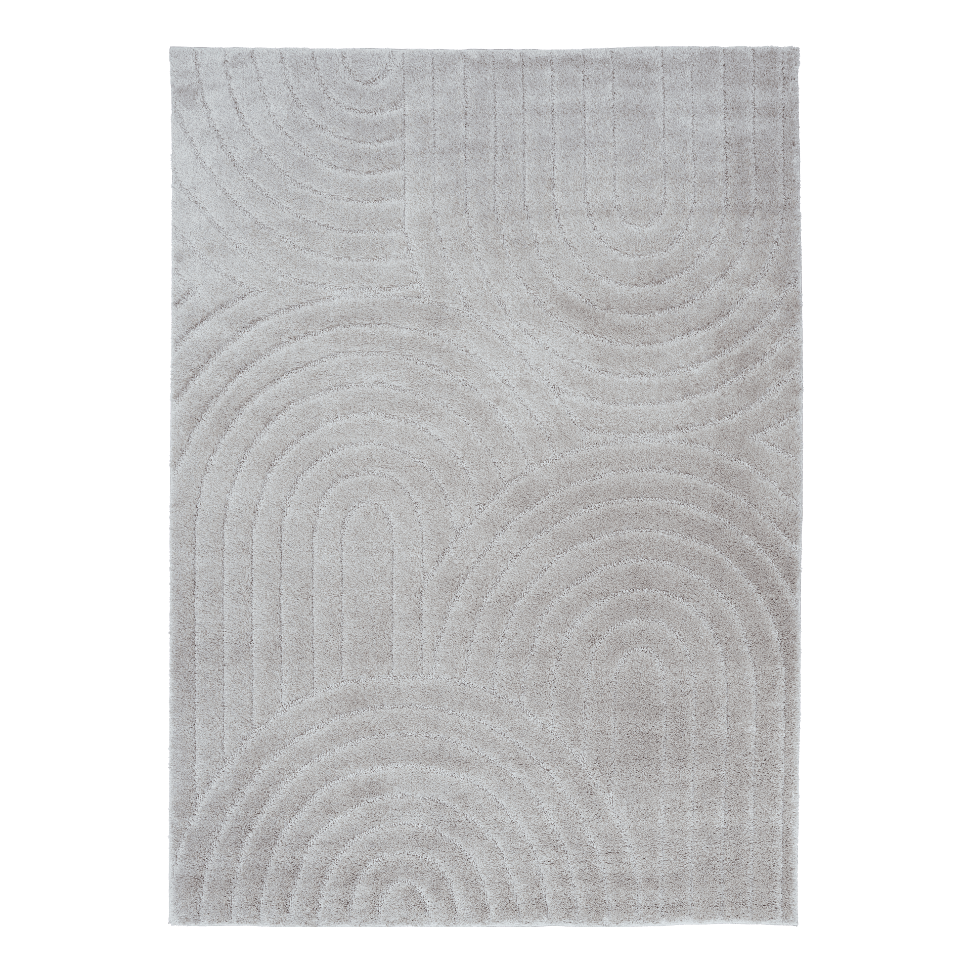 Light grey shag rug with layered wave and circle pattern, straight-on view