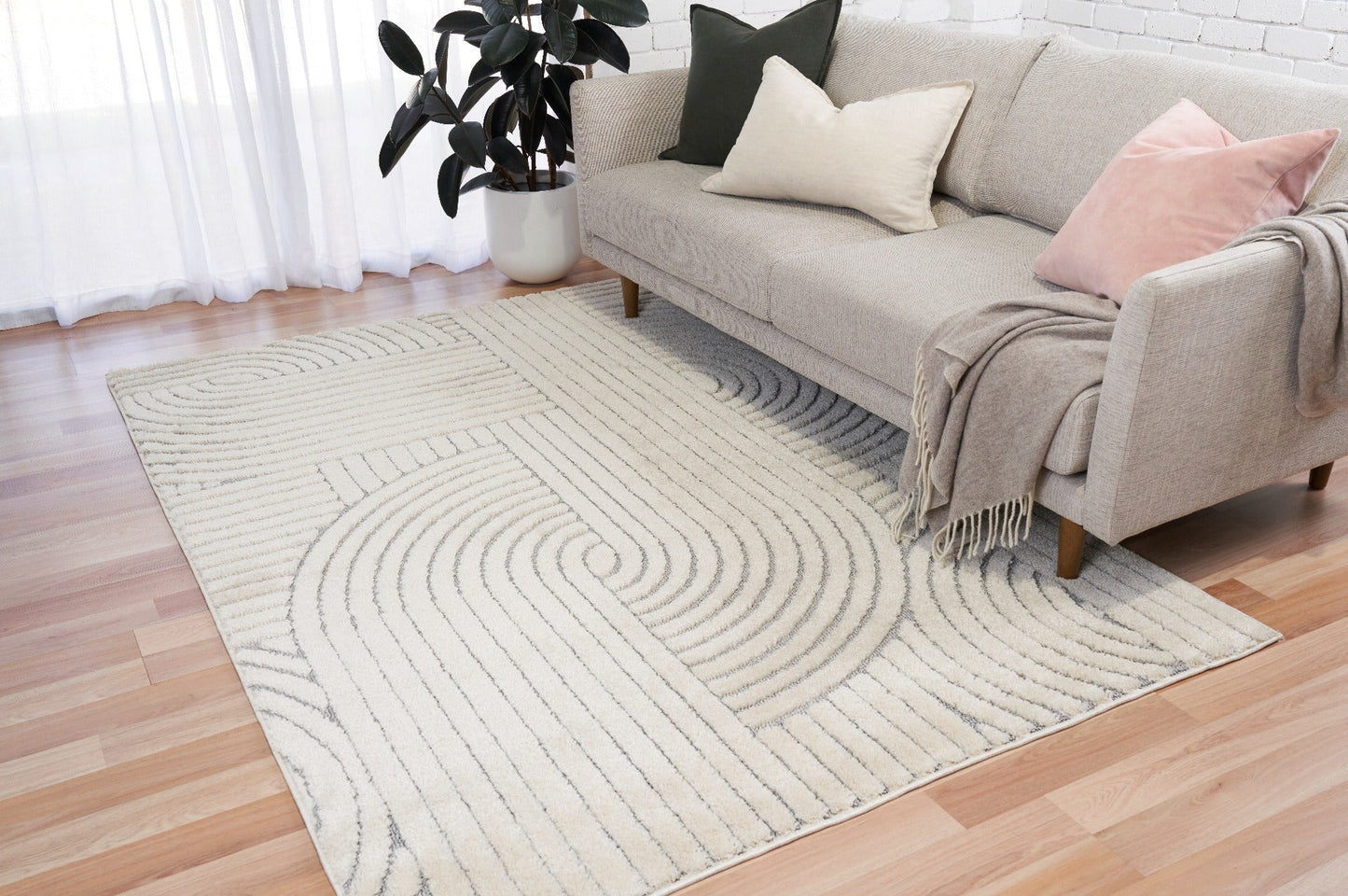 Marli Soft living room rug, ivory with light grey abstract curved and striped pattern | Marli Soft Living room rug 12417 Ivory Light Grey Modern Abstract Living Room Rug - Rugs Point Australia