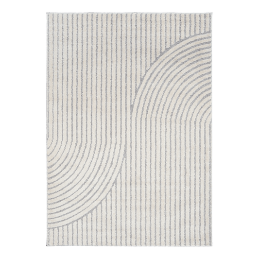Ivory and light gray Turkish rug with vertical stripe grid and curved wave border