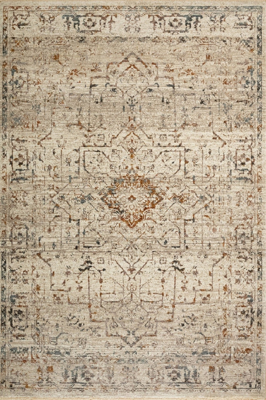 Distressed area rug with central medallion, beige background and muted blue, rust, gray