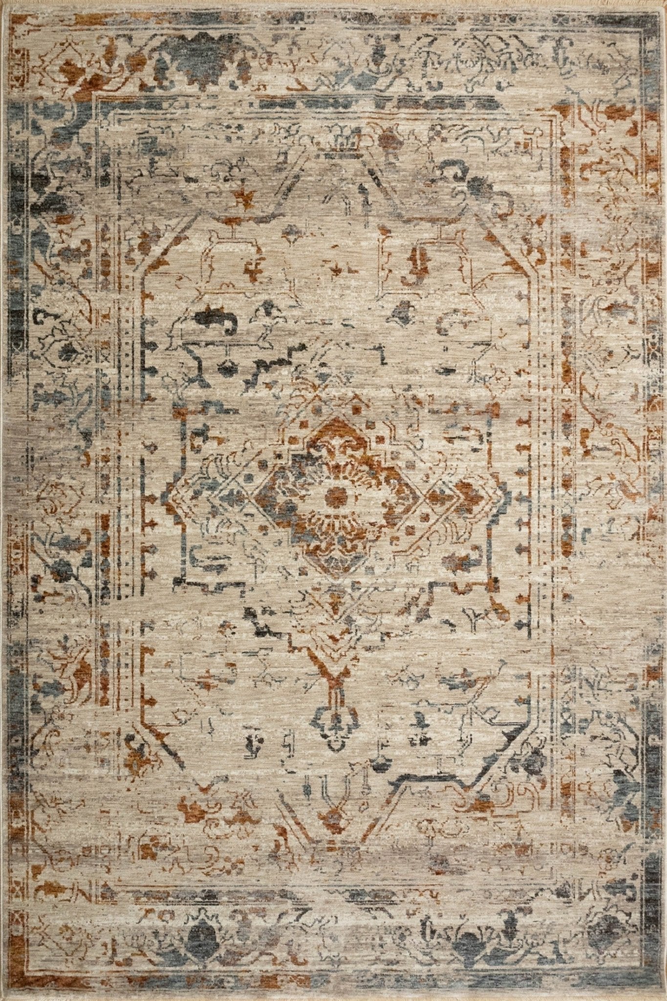 Oversized rectangular area rug with pale ivory field, intricate blue and rust motifs