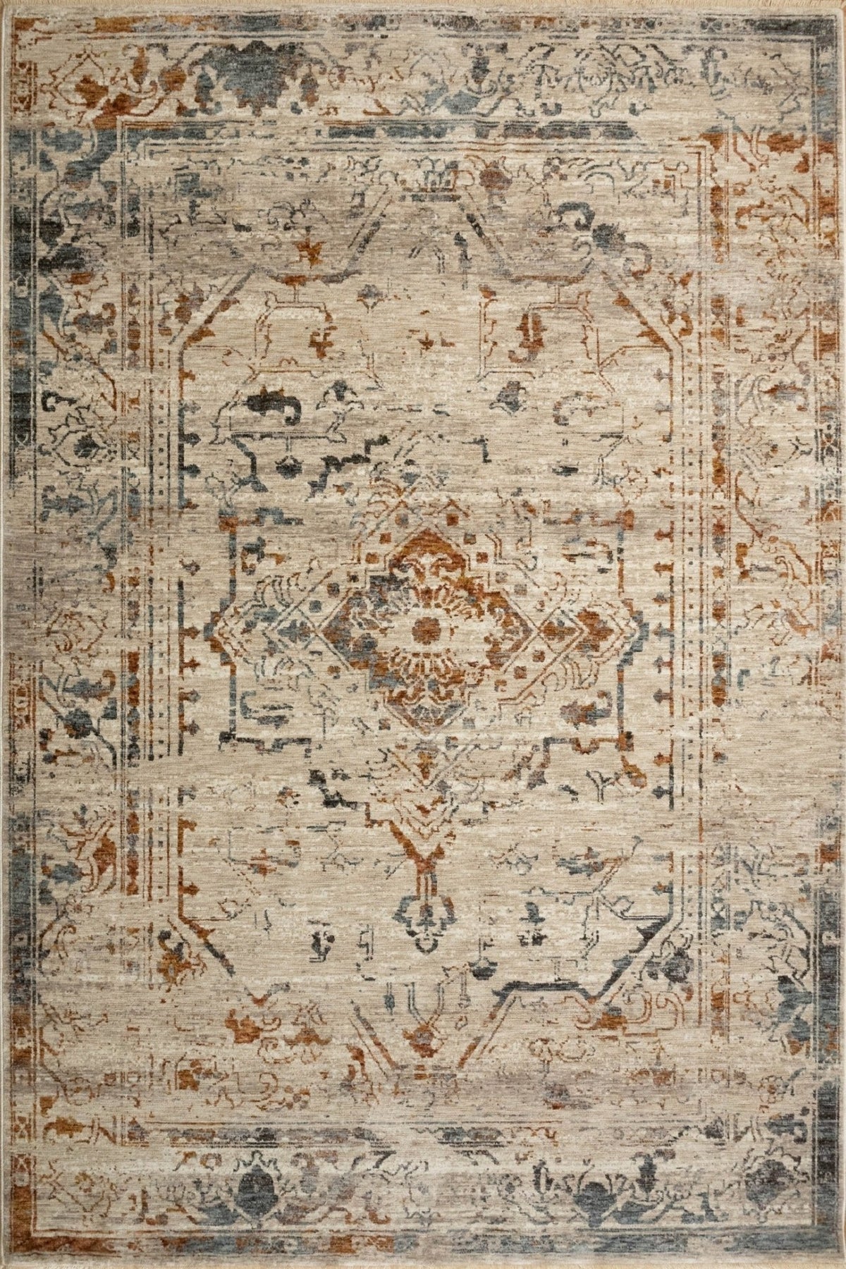 Oversized rectangular area rug with pale ivory field, intricate blue and rust motifs