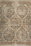 Vintage patterned area rug with large central medallion and border, multi-toned