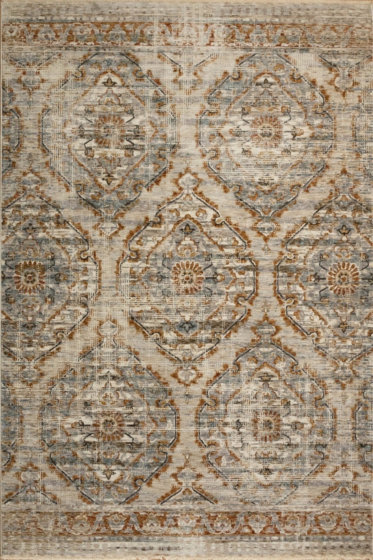Matana thick floor rug, large medallion and border motif in gray, cream, and brown