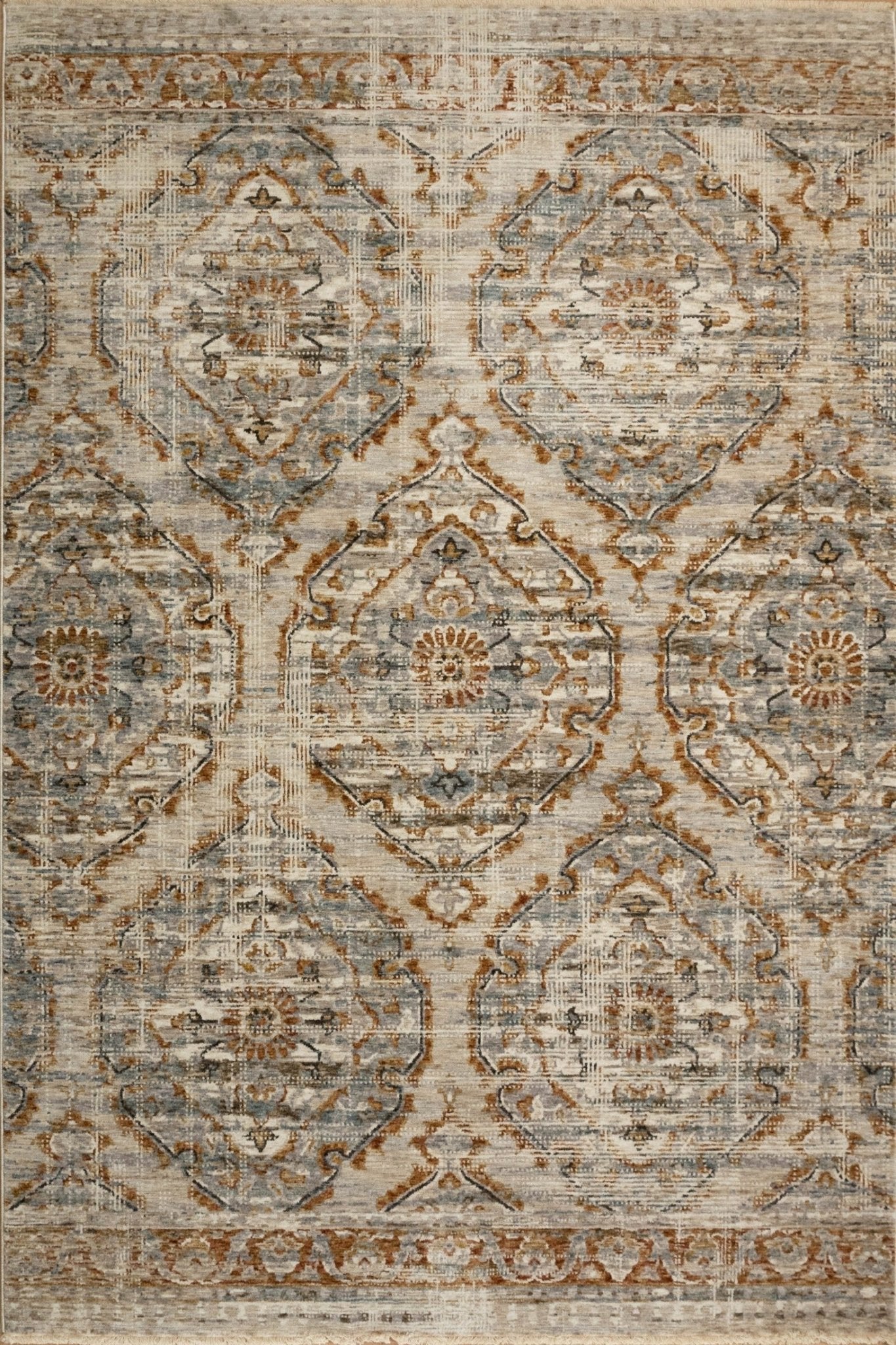 Matana thick floor rug, large medallion and border motif in gray, cream, and brown