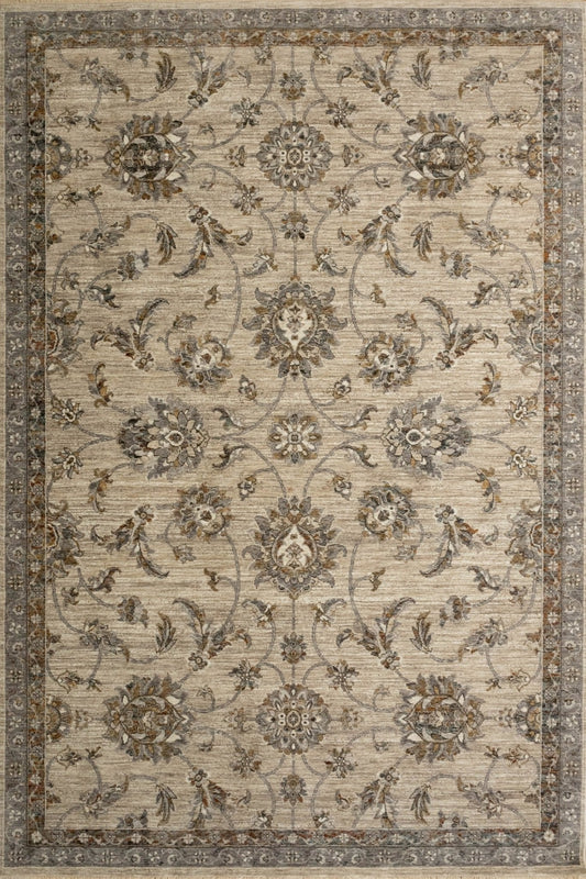 Transitional area rug with centered medallion, floral pattern, and dark border on beige ground