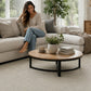 Light gray woven area rug filling most of the living room scene