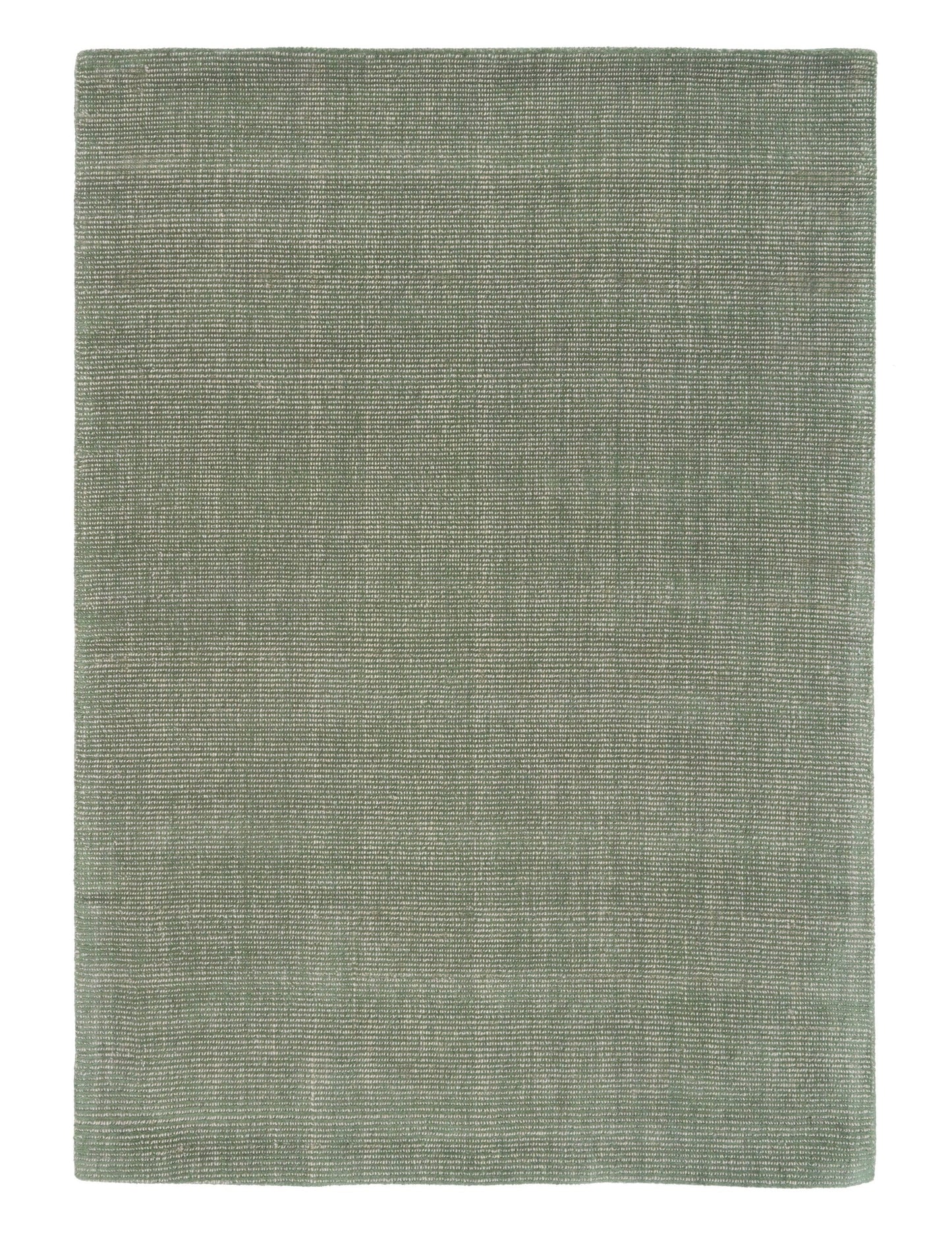 Rectangular green area rug flat on white background, textured woven surface