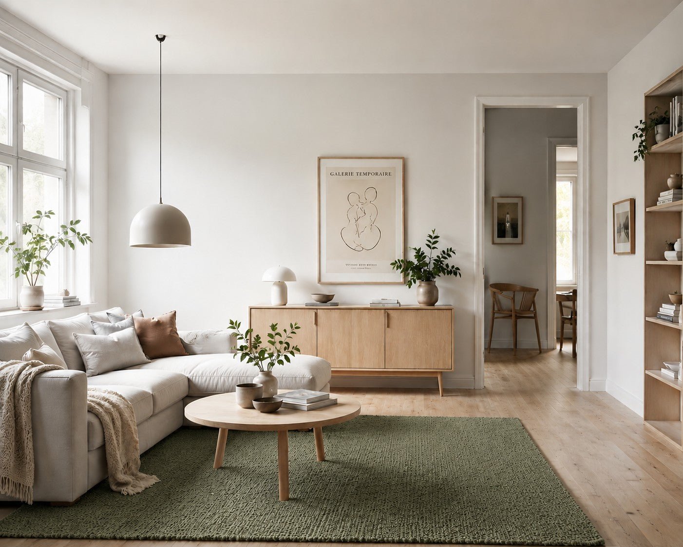 Green area rug in a bright living room with a sectional sofa and coffee table