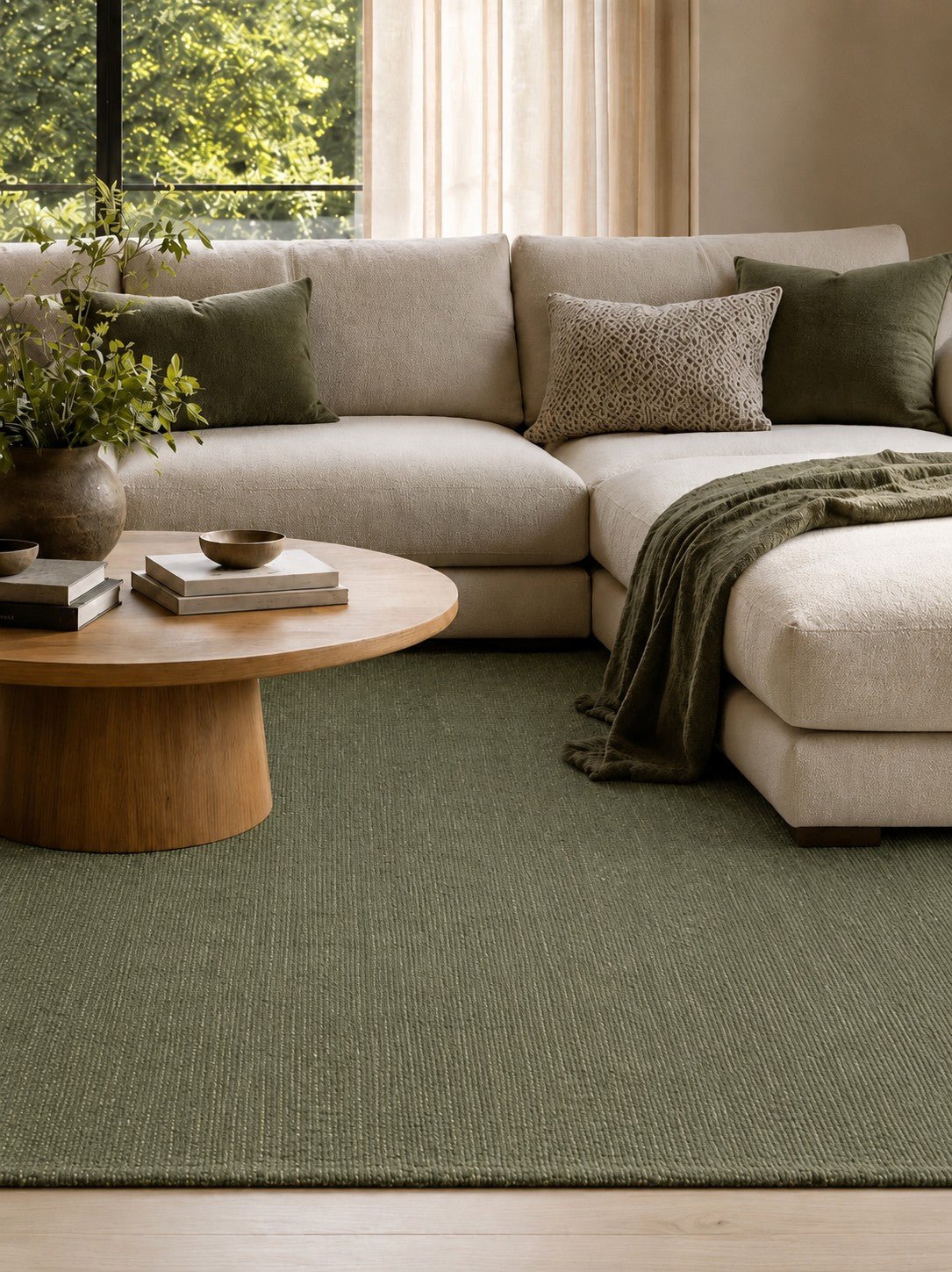 Green area rug under a modern sectional sofa with pillows and a draped throw