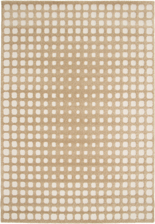 Beige area rug with white dot pattern grid, textured looped surface