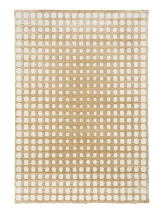 Beige area rug featuring a white dot grid pattern and flat border edging