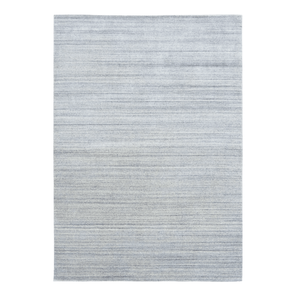 Blue-gray wool floor rug with flat woven stripes, rectangular design