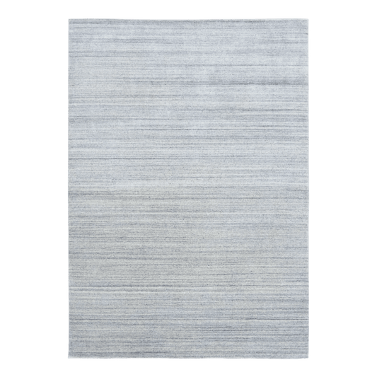 Blue-gray wool floor rug with flat woven stripes, rectangular design