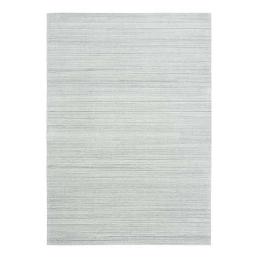 Light grey wool rug with fine horizontal stripe texture and clean straight border