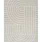 Light gray area rug with abstract arch and stripe pattern, centered front view