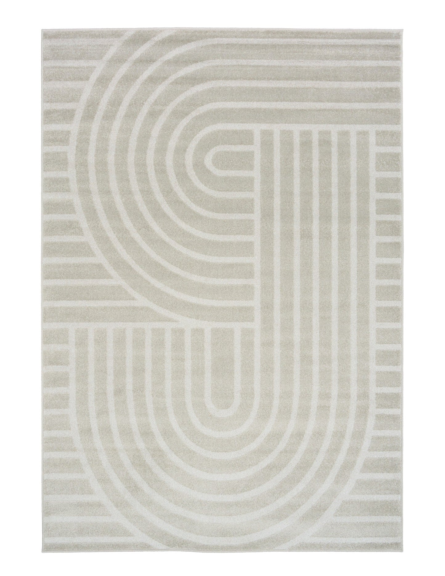 Light gray area rug with abstract arch and stripe pattern, centered front view