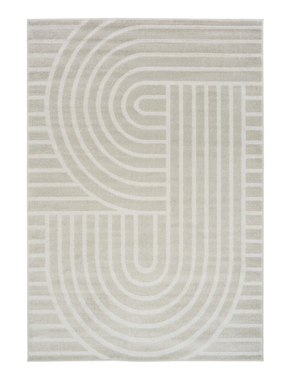 Light gray area rug with abstract arch and stripe pattern, centered front view