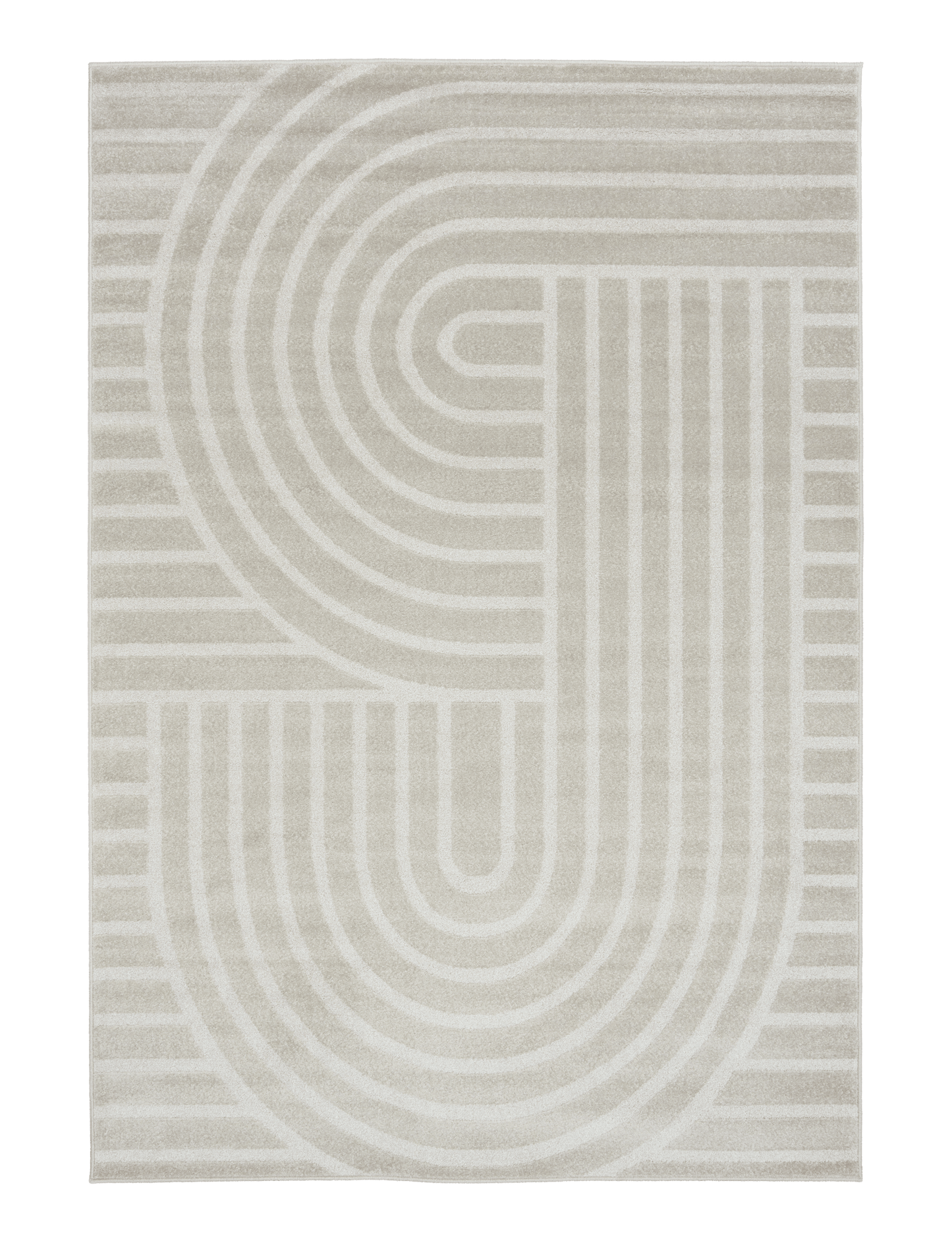 Light gray area rug with abstract block, arch, and stripe design, square front view
