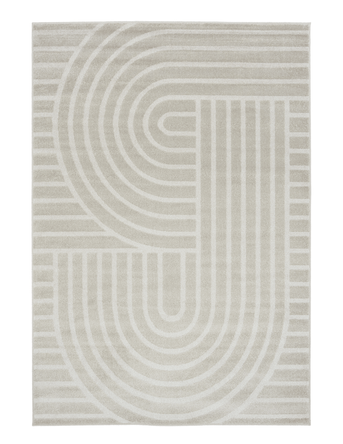 Light gray area rug with abstract block, arch, and stripe design, square front view