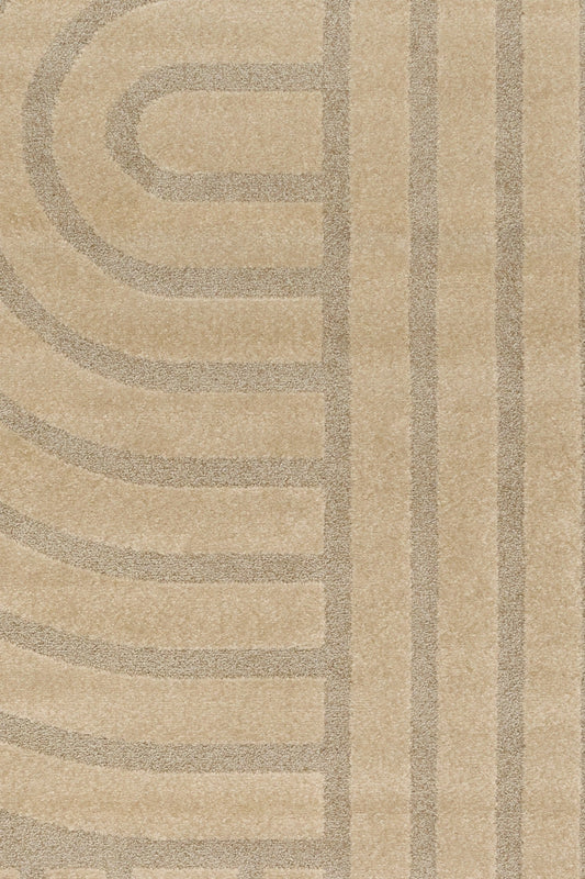 Beige area rug with abstract curved stripe pattern, close-up view