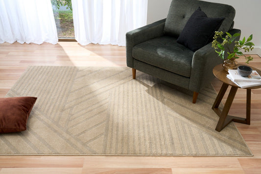 Beige patterned area rug with chevron design on living room floor