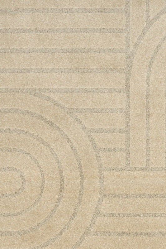 Beige rug close-up with circular arch and horizontal line pattern