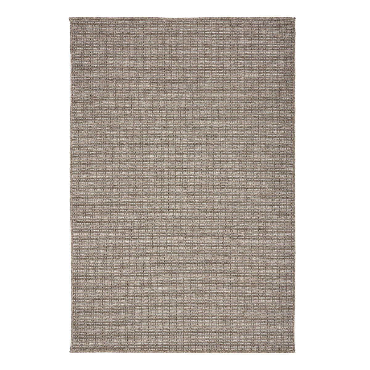 Rectangular woven outdoor rug with small repeating dot pattern, light brown and gray