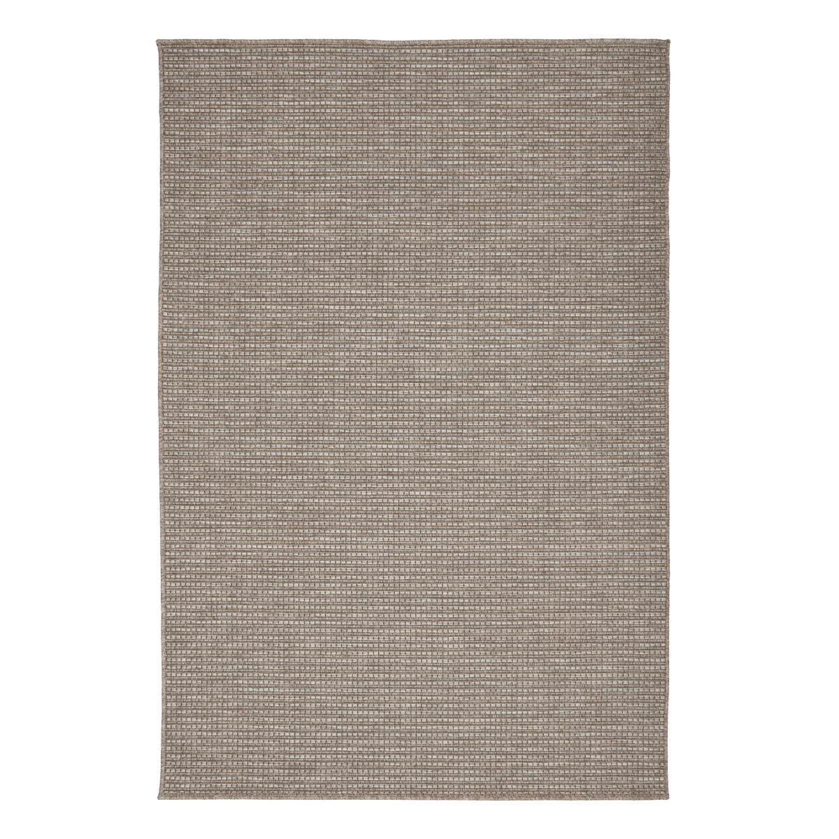 Rectangular woven outdoor rug with small repeating dot pattern, light brown and gray