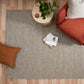 Rectangular woven patio rug with tight looped texture, beige and dark fleck pattern