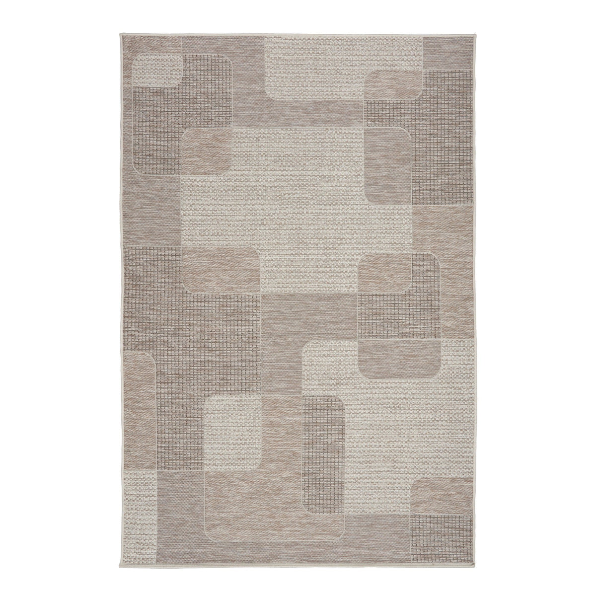 Patchwork woven rug with beige and taupe square blocks and mottled texture