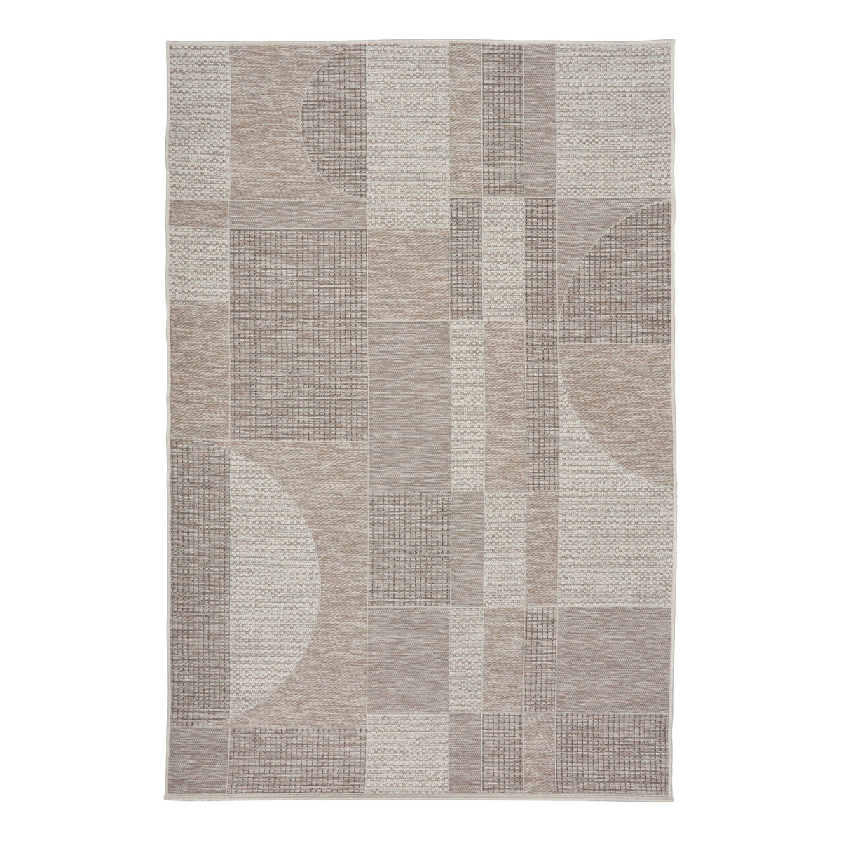 Linen patchwork area rug with beige and taupe grid and circular motifs