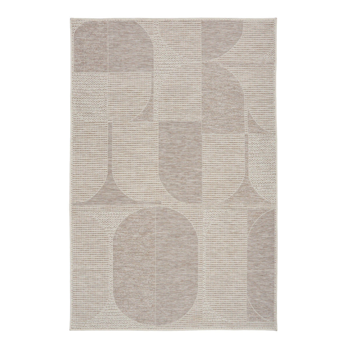 Linen patio rug, light beige with taupe abstract blocks and large curved shapes