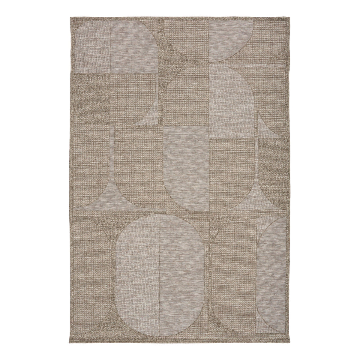 Beige geometric area rug with textured looped surface and bordered edge