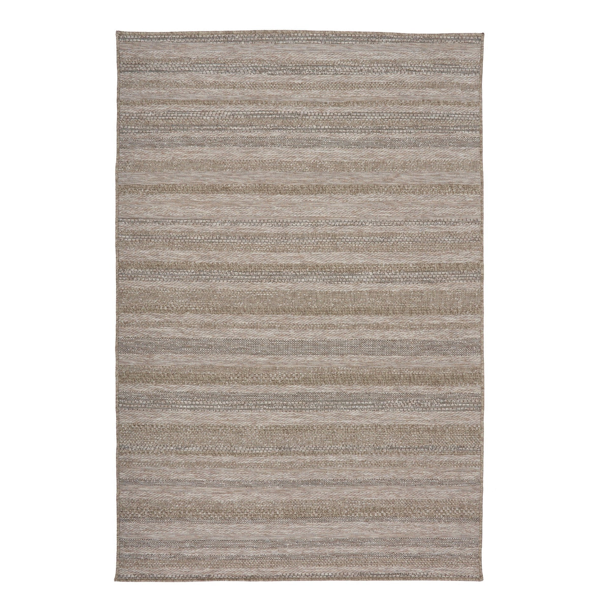 Light beige and gray striped square area rug with woven texture and border.