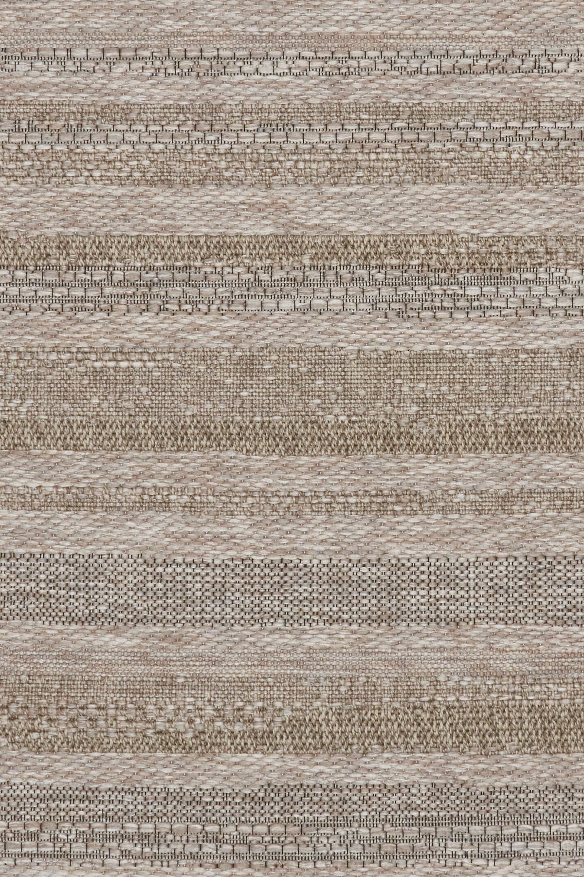 Close-up of beige and gray striped woven rug texture with thin horizontal bands.