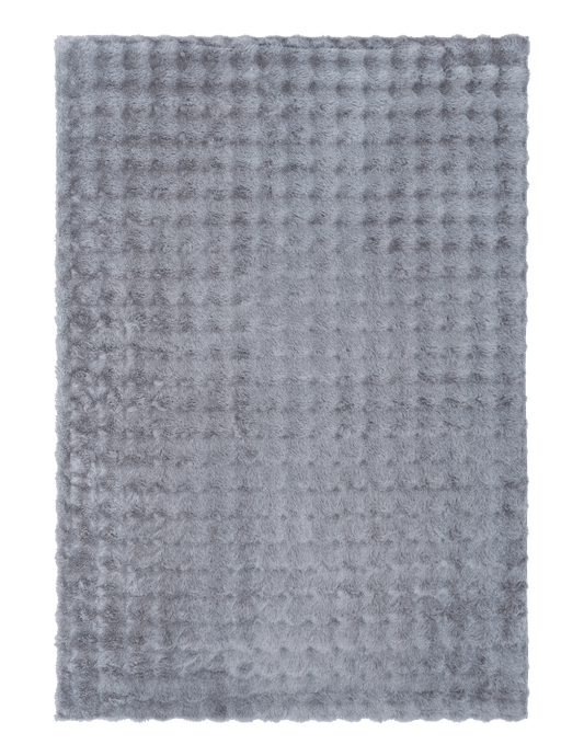 Grey shag area rug with textured, mottled surface