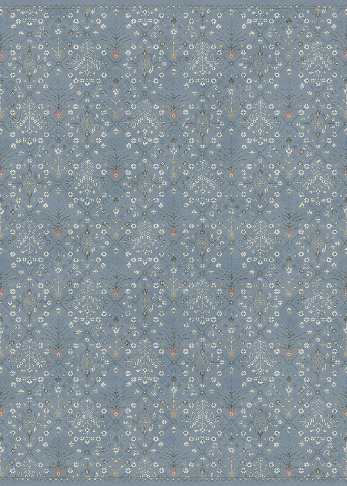 Dusky blue floral area rug with small multi-color motifs, flat weave. | Prudence Affordable Rug 17201 Dusky Blue Contemporary Polypropylene Area Rug - Rugs Point Australia