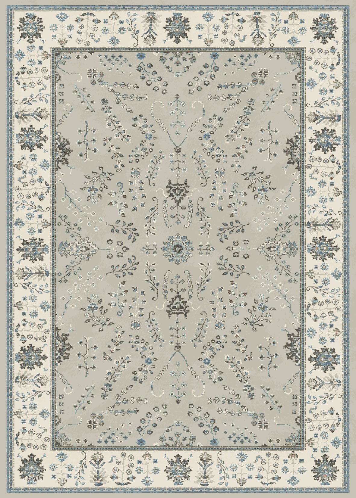 Almond floor rug with light botanical pattern and blue floral border | Prudence floor Rug 17204 Almond Contemporary Polypropylene Area Rug - Rugs Point Australia