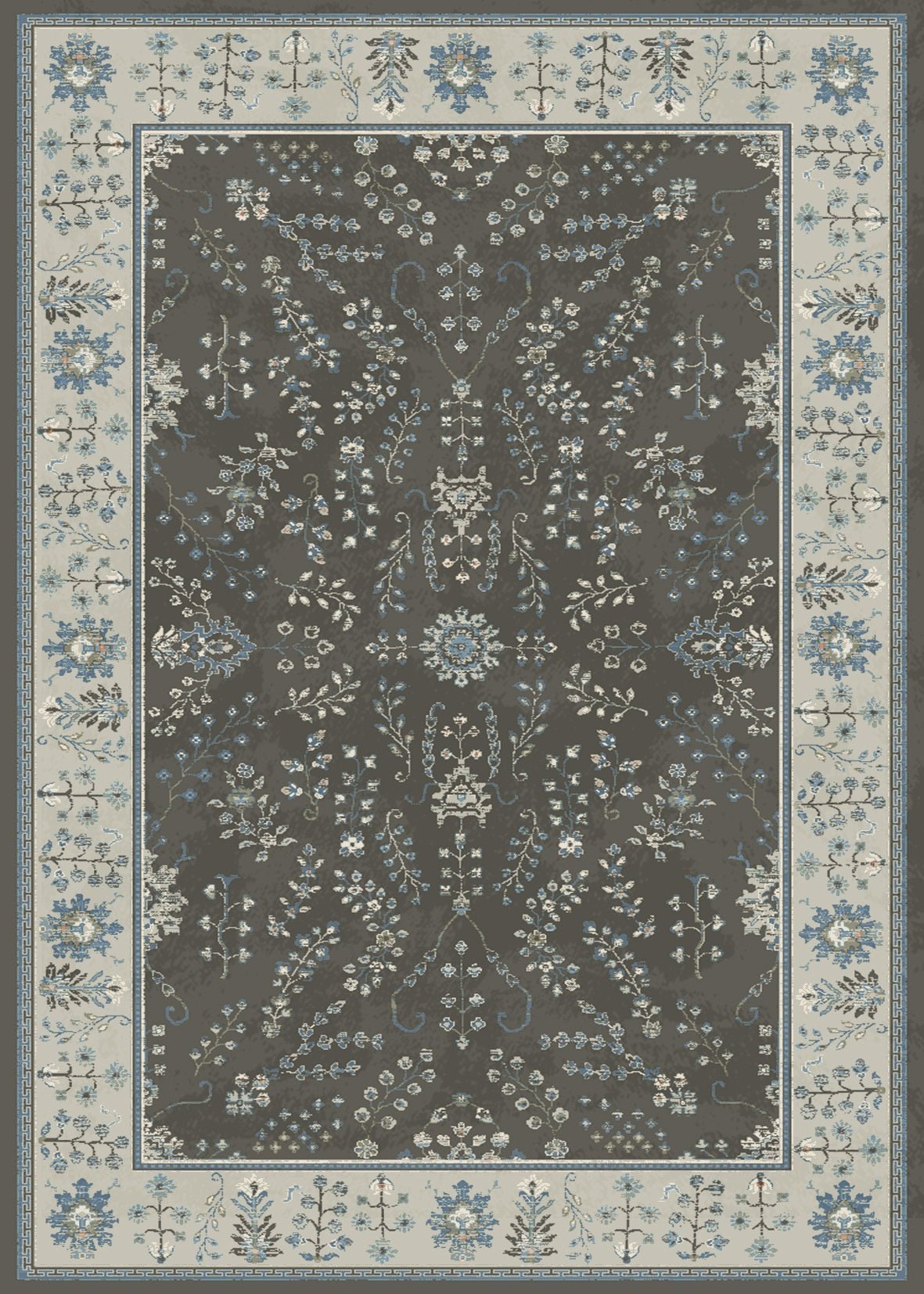 Large rug with light floral border and central medallion on a dark background | Prudence Large rug 17204 Khaki Contemporary Floor Rug - Rugs Point Australia