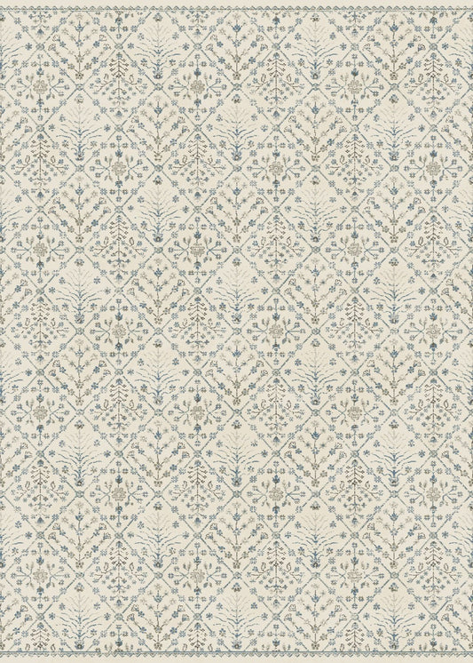 Ivory traditional area rug with ornate damask pattern in blue and green