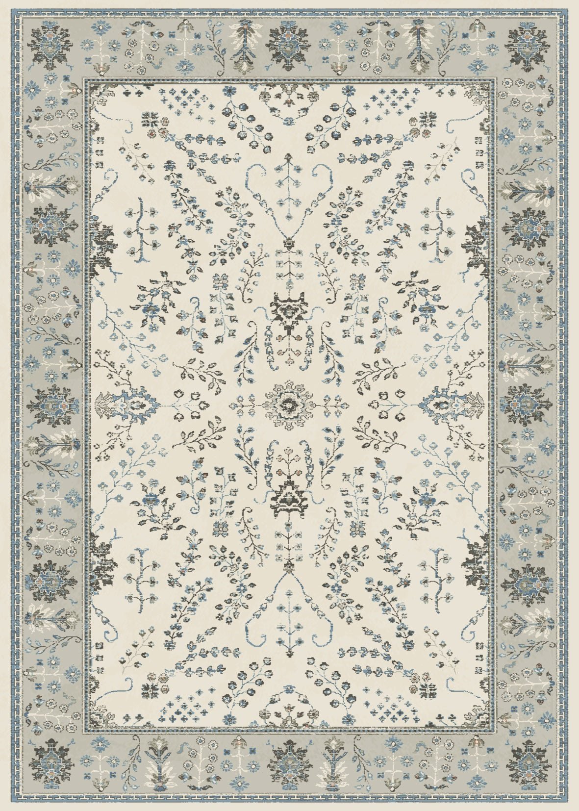 Ivory traditional area rug with blue floral border and central medallion