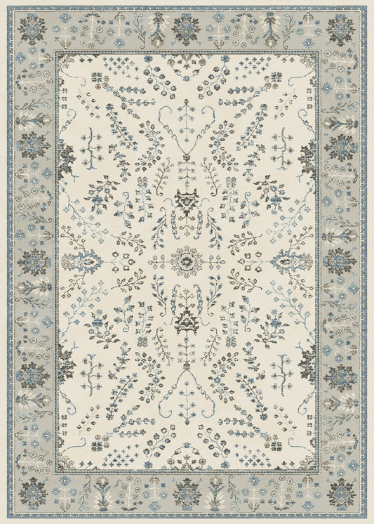 Ivory traditional area rug with blue floral border and central medallion